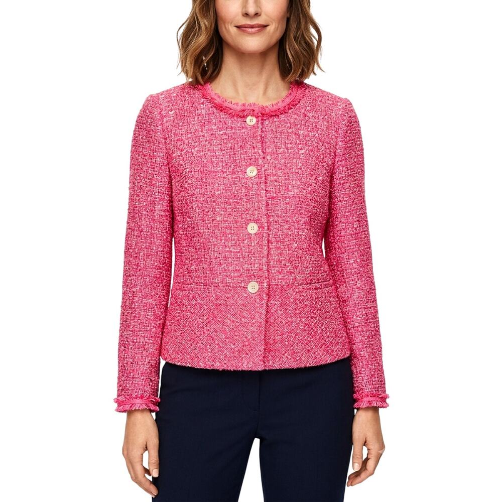 Talbots Tailored Peplum Tweed Jacket Blazer Fringe Trim Pink Size 6